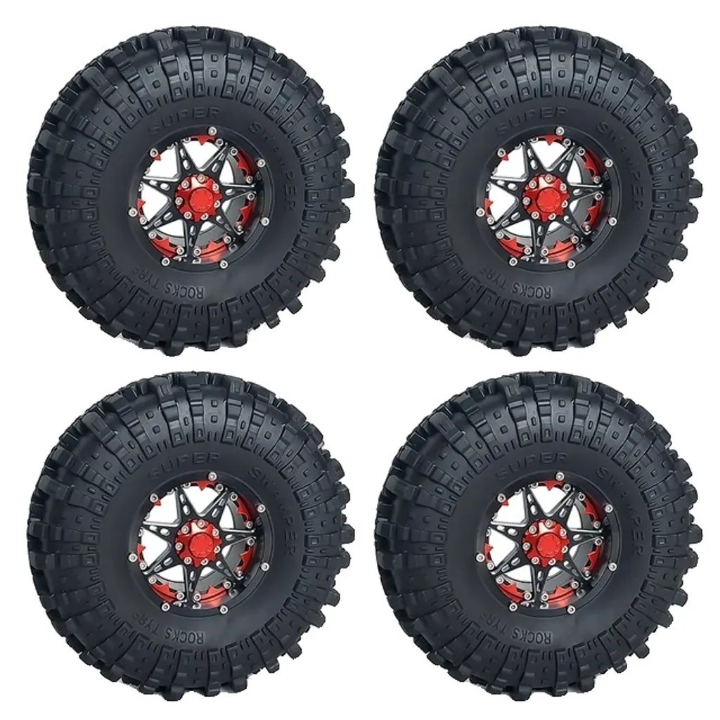 Set de 4 Roues Complètes pour RC Crawler 1/10 avec Jantes Metal Rouge