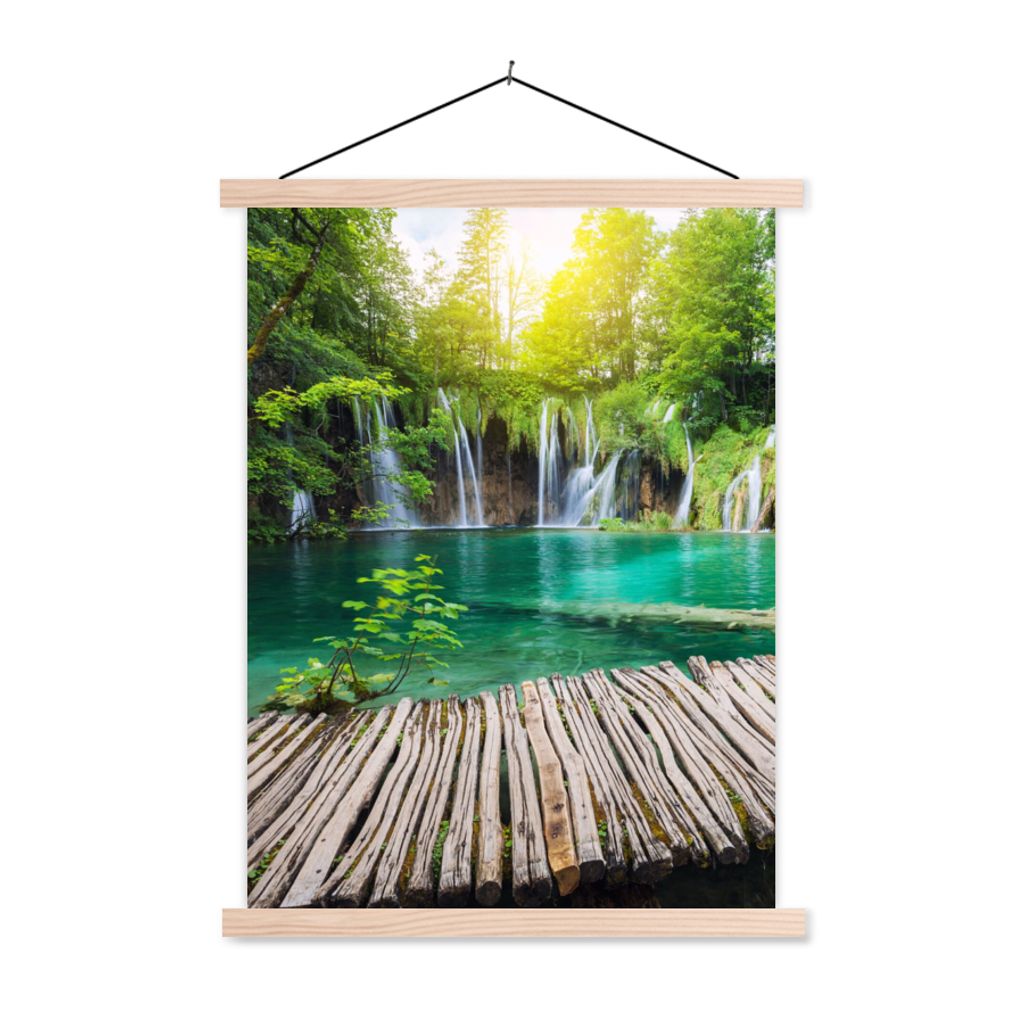 MuchoWow Textilposter Brücke - Wasserfall - Natur 40x53 cm mit holzfarbenen Rahmen - Schlafzimmer