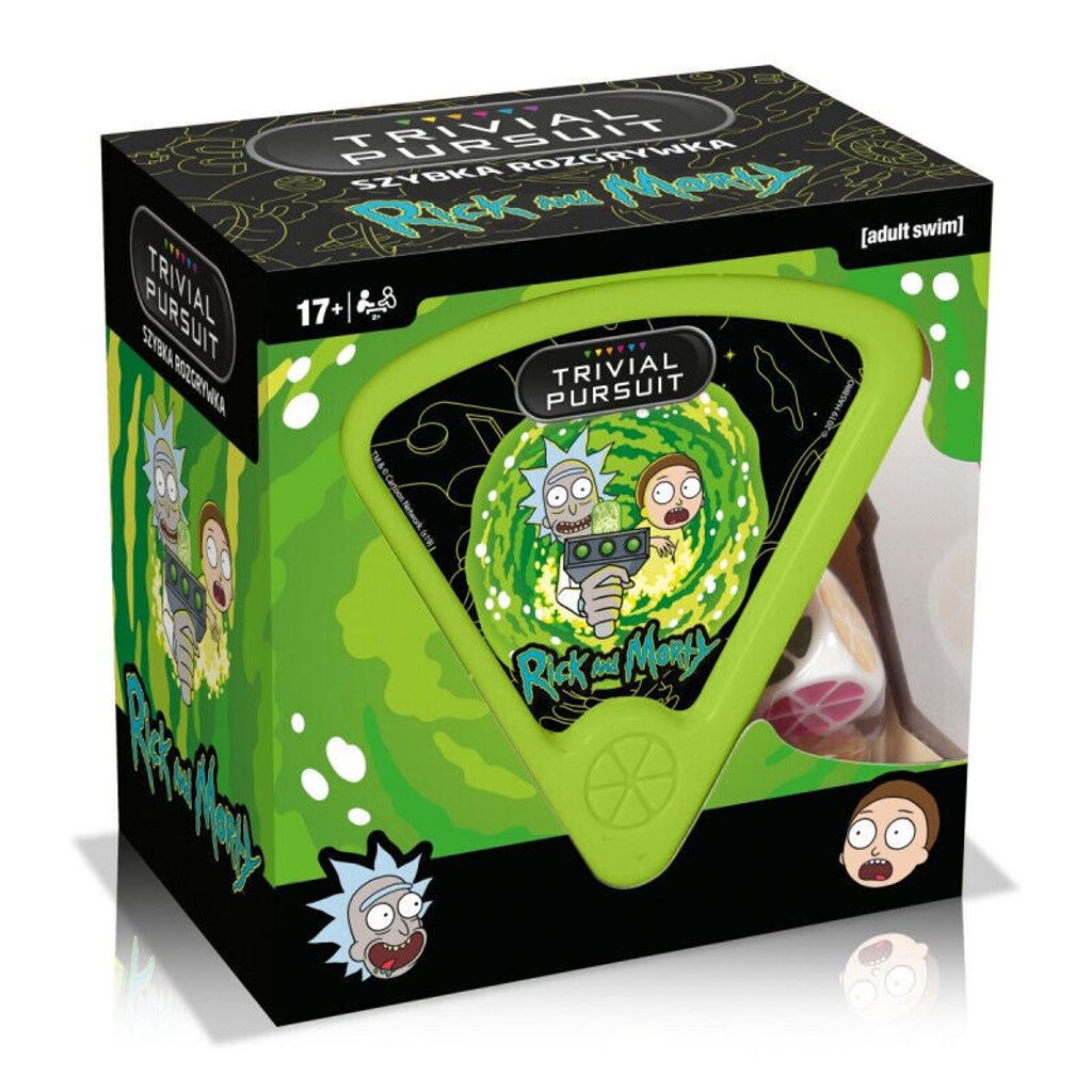 A Trivial Pursuit Rick and Morty board game box is shown against a white background.