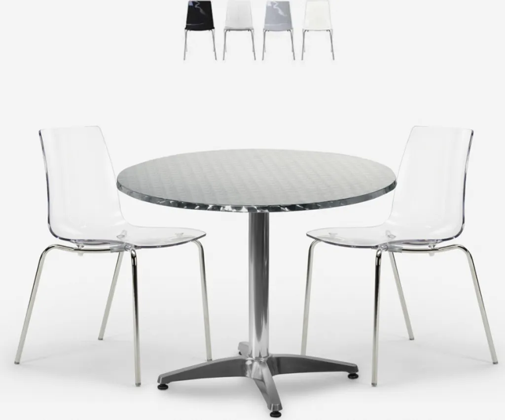 Table ronde 70cm et 2 chaises en acier Remos finition transparente