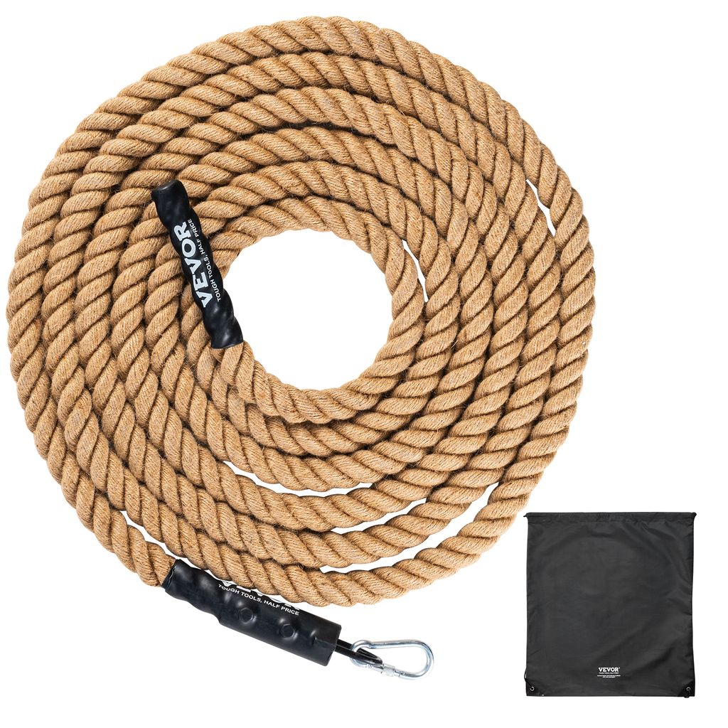 A coiled fitness rope and a black storage bag against a white background.