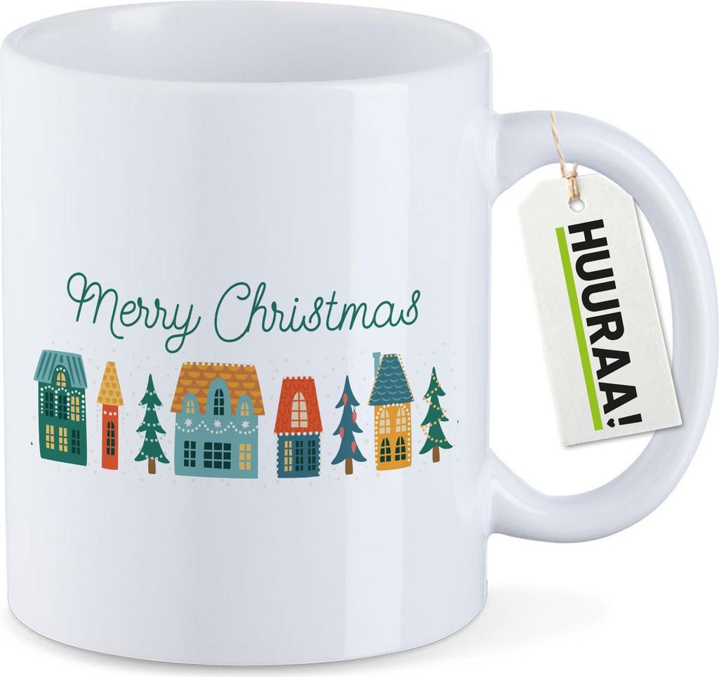 Huuraa Kaffeetasse Merry Christmas Weihnachtsdorf 330ml Weiß Keramik Kaffeebecher Geschenkidee