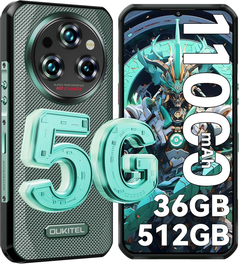 OUKITEL WP35 Pro Outdoor Smartphone 5G 36GB+512GB Android 14 Outdoor Handy Ohne Vertrag Nachtsicht ,11000mAh 6,6” FHD+ IP68 GPS NFC, Grün