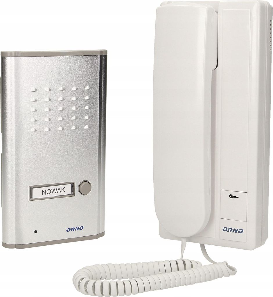 A silver outdoor intercom unit and a white indoor intercom unit are shown against a white background.