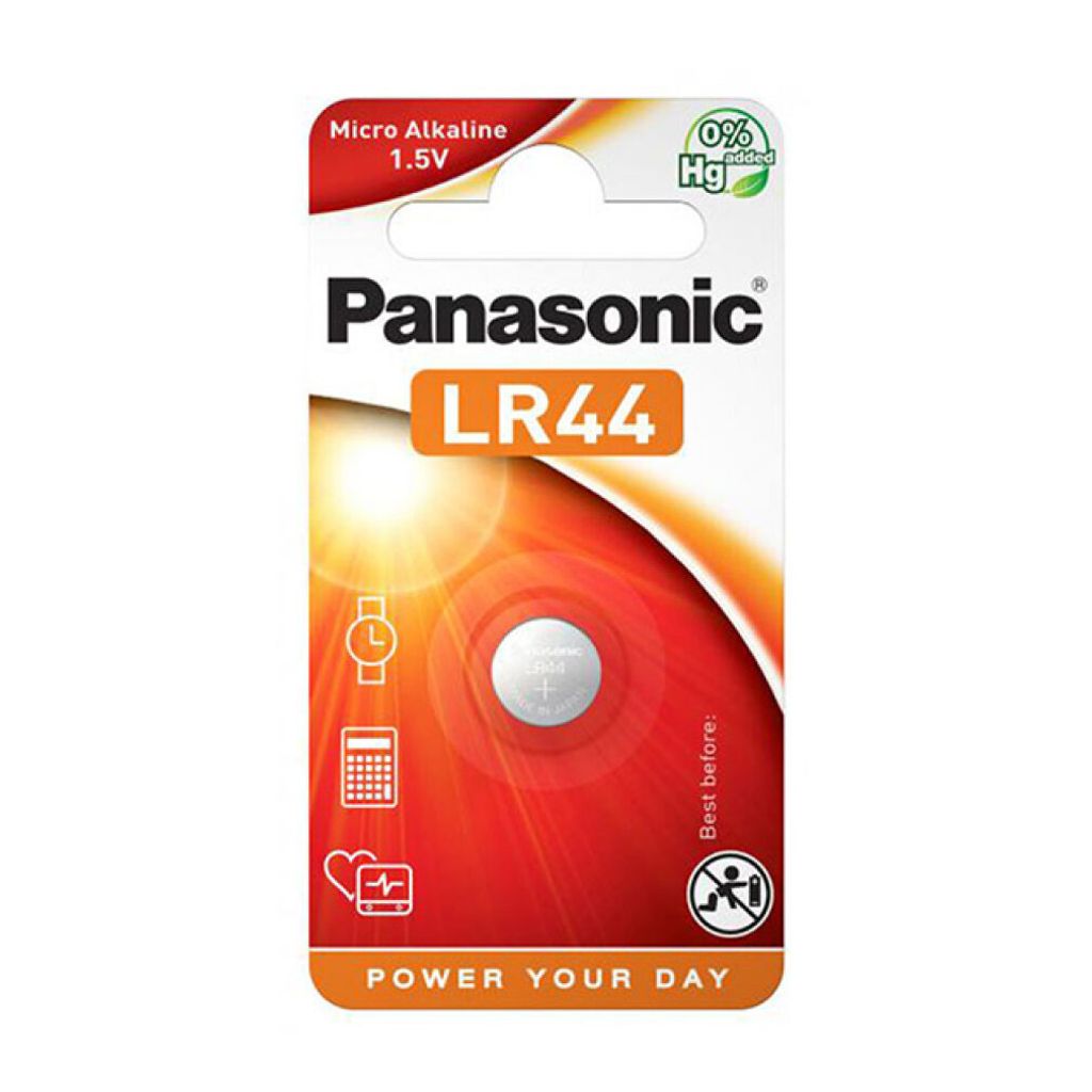 A product package for Panasonic LR44 batteries.