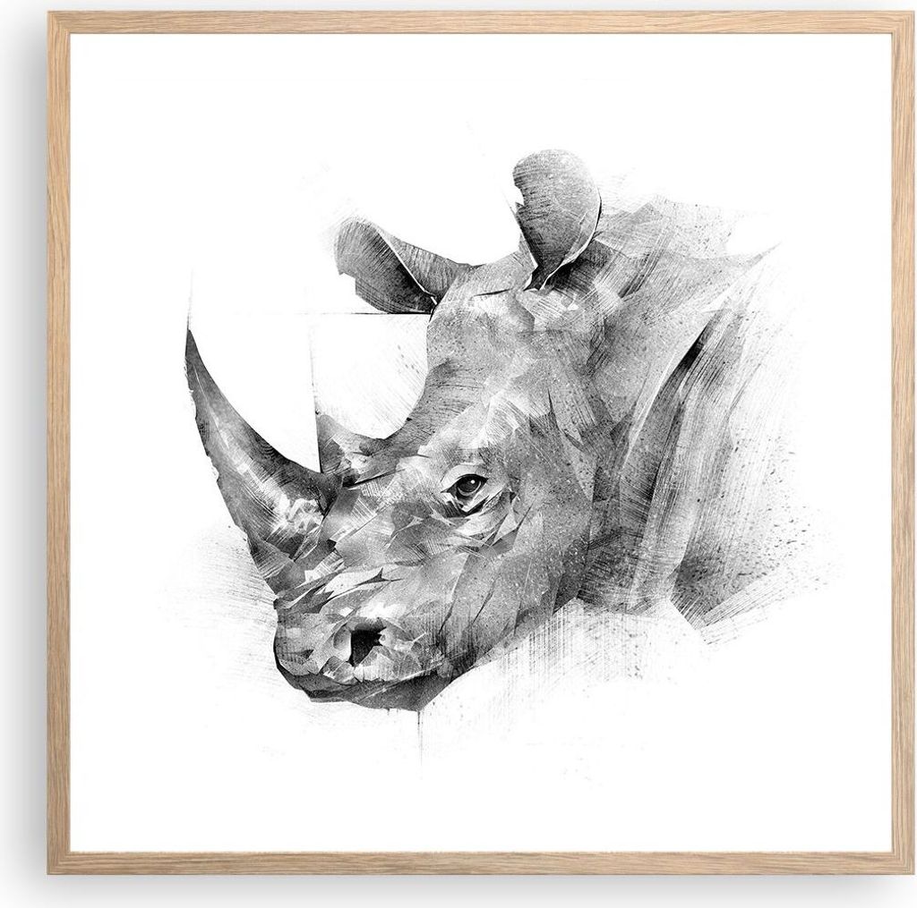Gerahmtes Poster - Rahmen in heller Eiche - Nashorn Porträt Grafik - 60x60 cm - Wand Bild - Wanddeko - Wandbilder - Kunstposter - Wandposter - Bil...