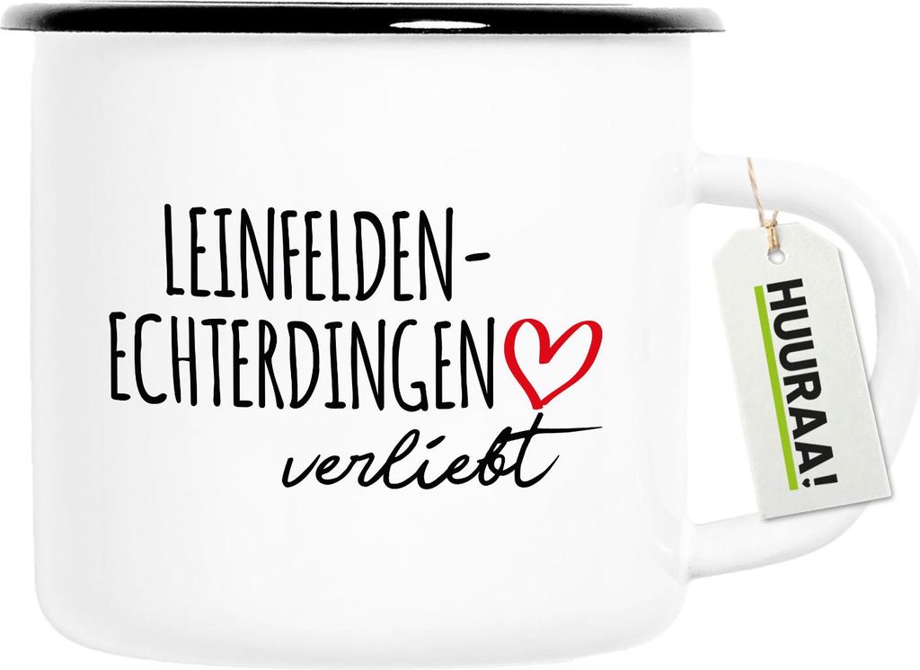Huuraa Emaille Tasse Leinfelden-Echterdingen verliebt 300ml Vintage Campingbecher Geschenkidee