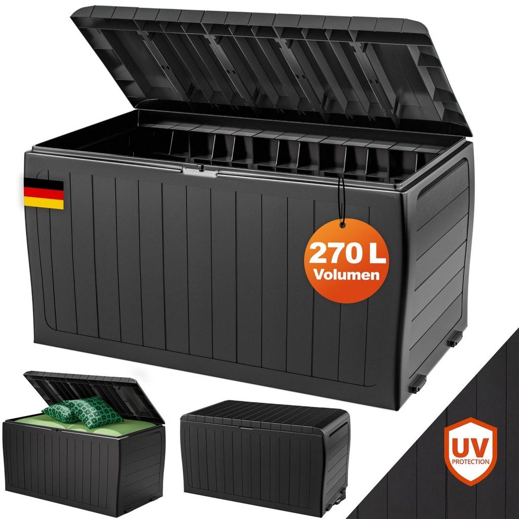 DEUBA Gartenbox Auflagenbox 270L UV-beständig Haltegriffe Rollen Verschlussvorrichtung Balkon Wohnzimmer Wintergarten Kissenbox 117x45cm Anthrazit