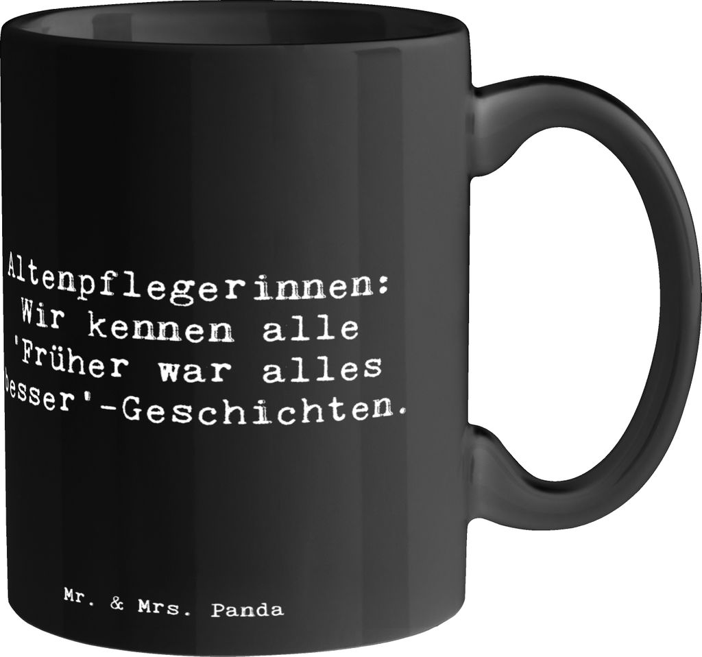 Mr. & Mrs. Panda Kaffeetasse Spruch Altenpflegerin Geschichten - Schwarz - Geschenk, Keramiktasse, Gesellschaftsstütze, Erinnerungen, Teetasse, Be...