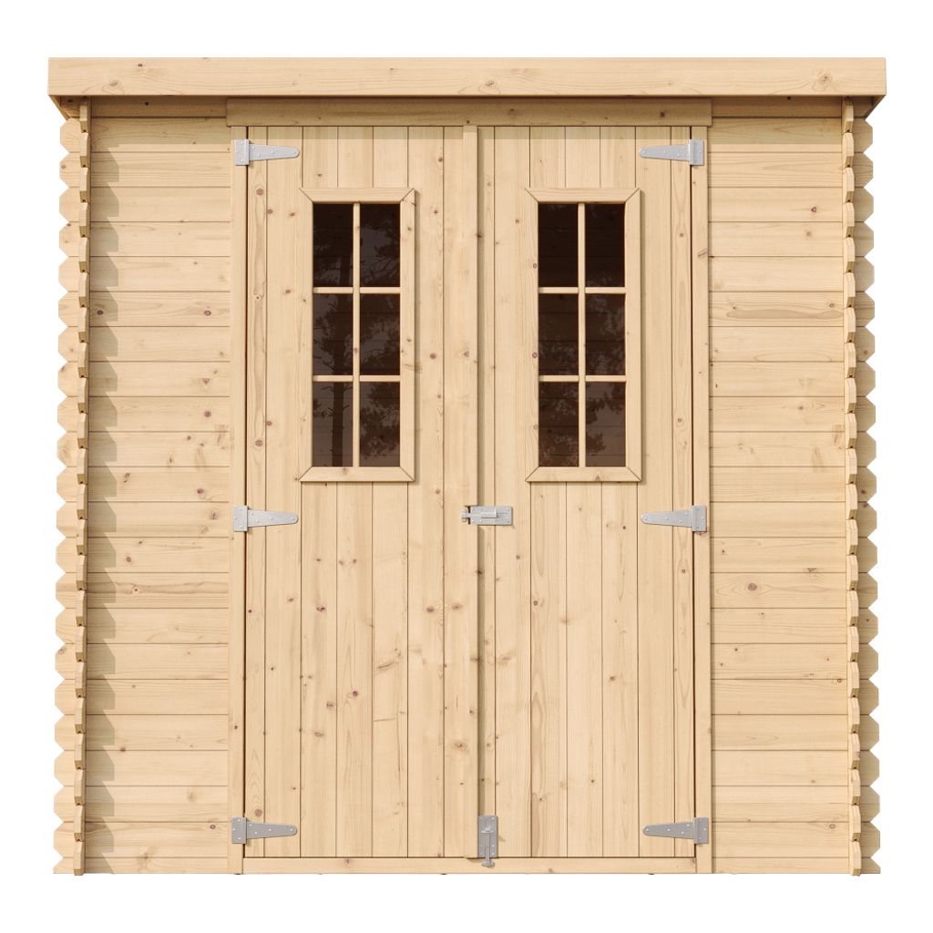 A front view of a wooden garden shed with double doors and two windows.