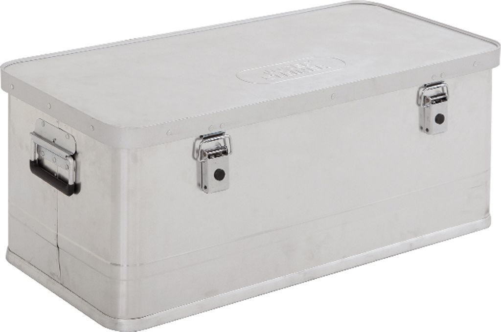 A silver aluminum transport container with two latches and a handle.