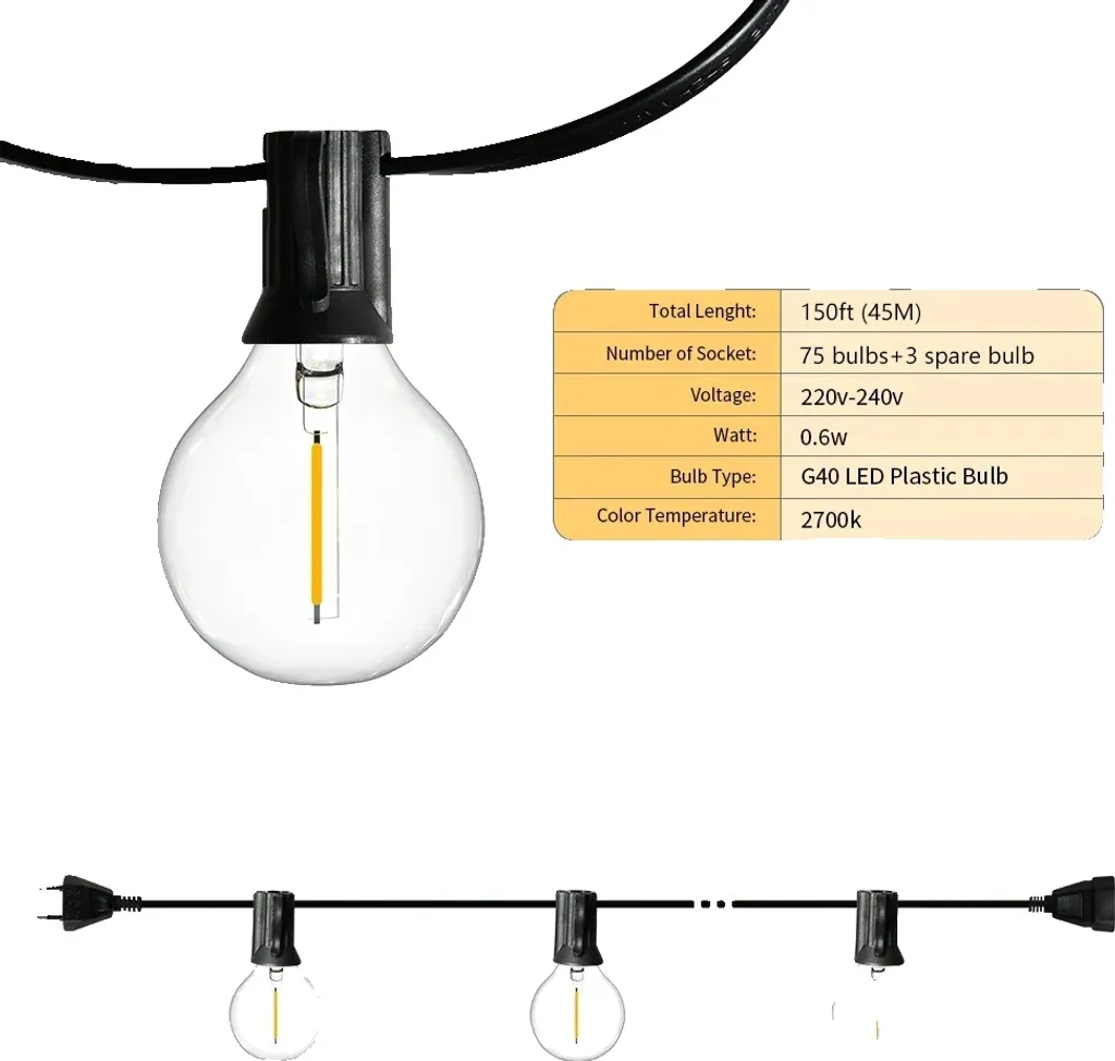 Catena G40 LED 45M Impermeabile IP65 | Luci Stringa per Giardino 220V