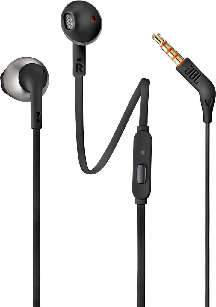 A pair of black JBL in-ear headphones with a gold-colored audio jack.