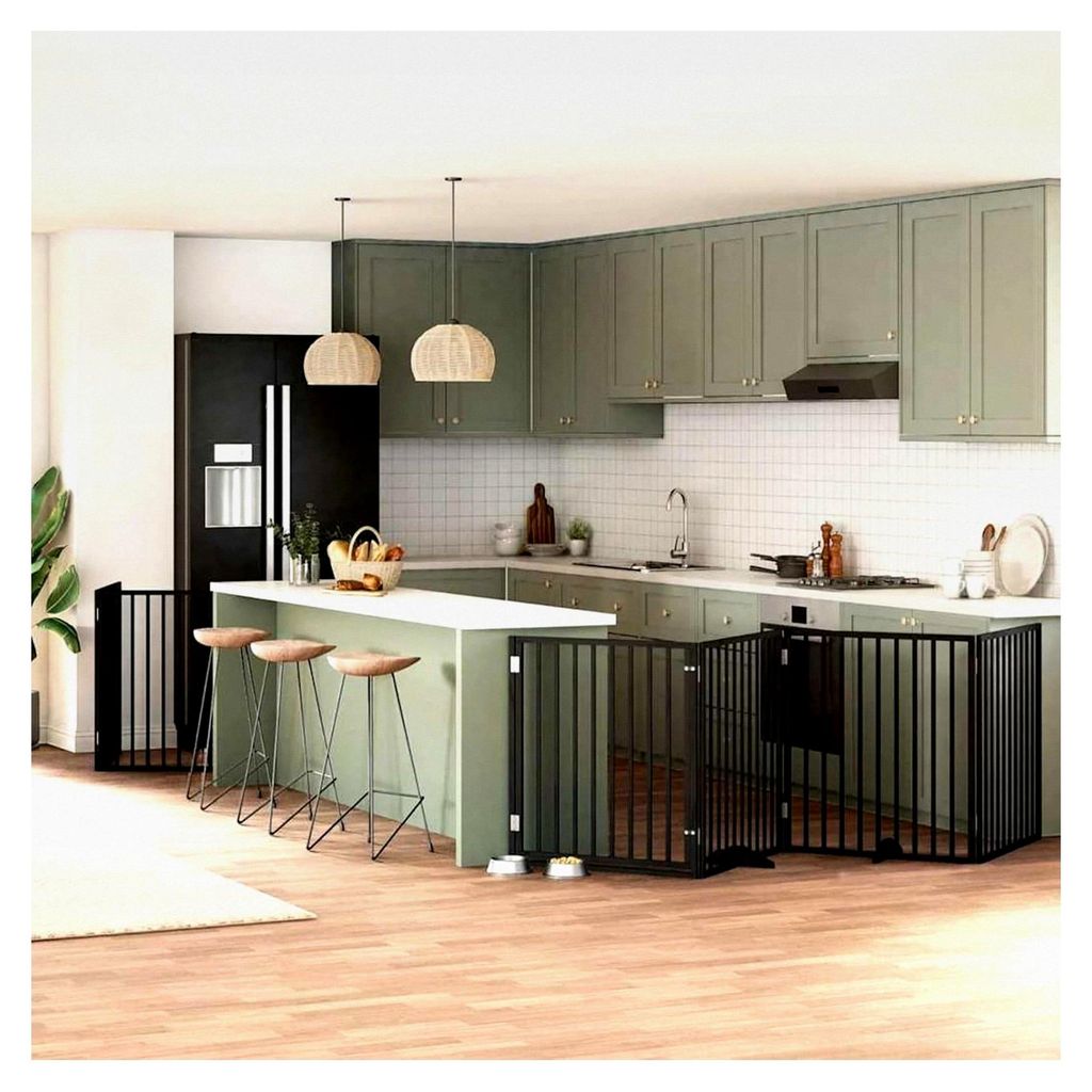 6-teiliges Hundetor mit Tür, faltbar, Schwarz, 480 cm, Pappelholz, freistehendes Hundegitter, modularer Haustierzaun für Türen, Treppen, Flure, ...