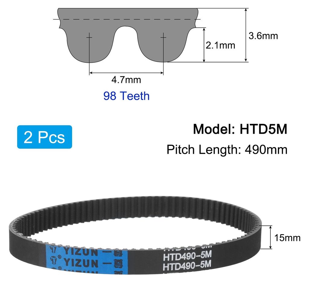 2 Stš¹ck HTD-5M Gummi Zahnriemen 98 Z?hne, 490mm Steigungsl?nge x 15mm Breite x 3,6mm H?he, Gummizahnriemen Keilriemen Antriebsriemen geschlossen...