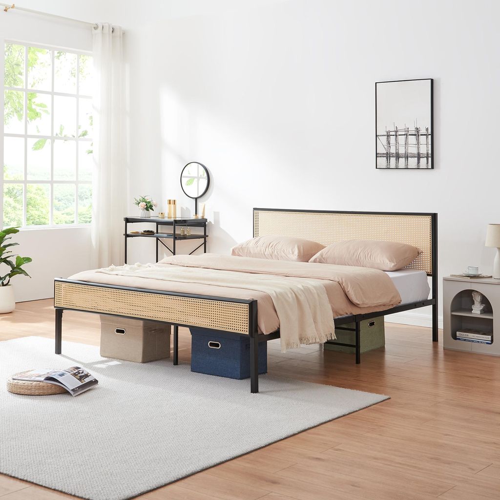 Metallbett 'Linköping' mit rechteckigem Kopfteil 160 x 200 cm Schwarz / Rattanoptik