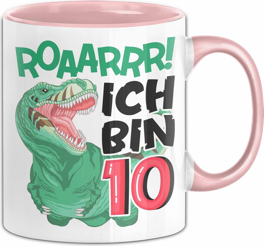 10. Geburtstag Geschenk Tasse Becher Jungs Dino T-Rex Roaarrr Ich Bin 10 (Rosa)