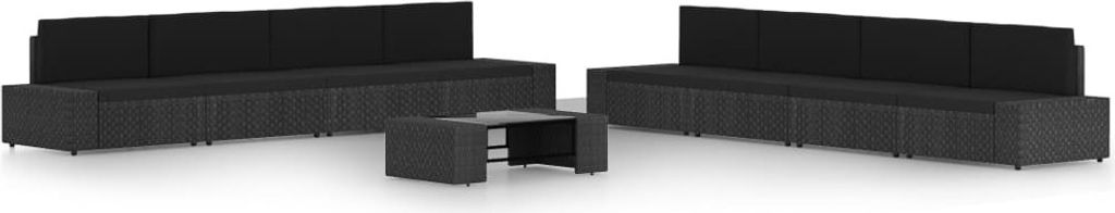 9-tlg. Garten-Lounge-Set mit Kissen Schwarz Poly Rattan
