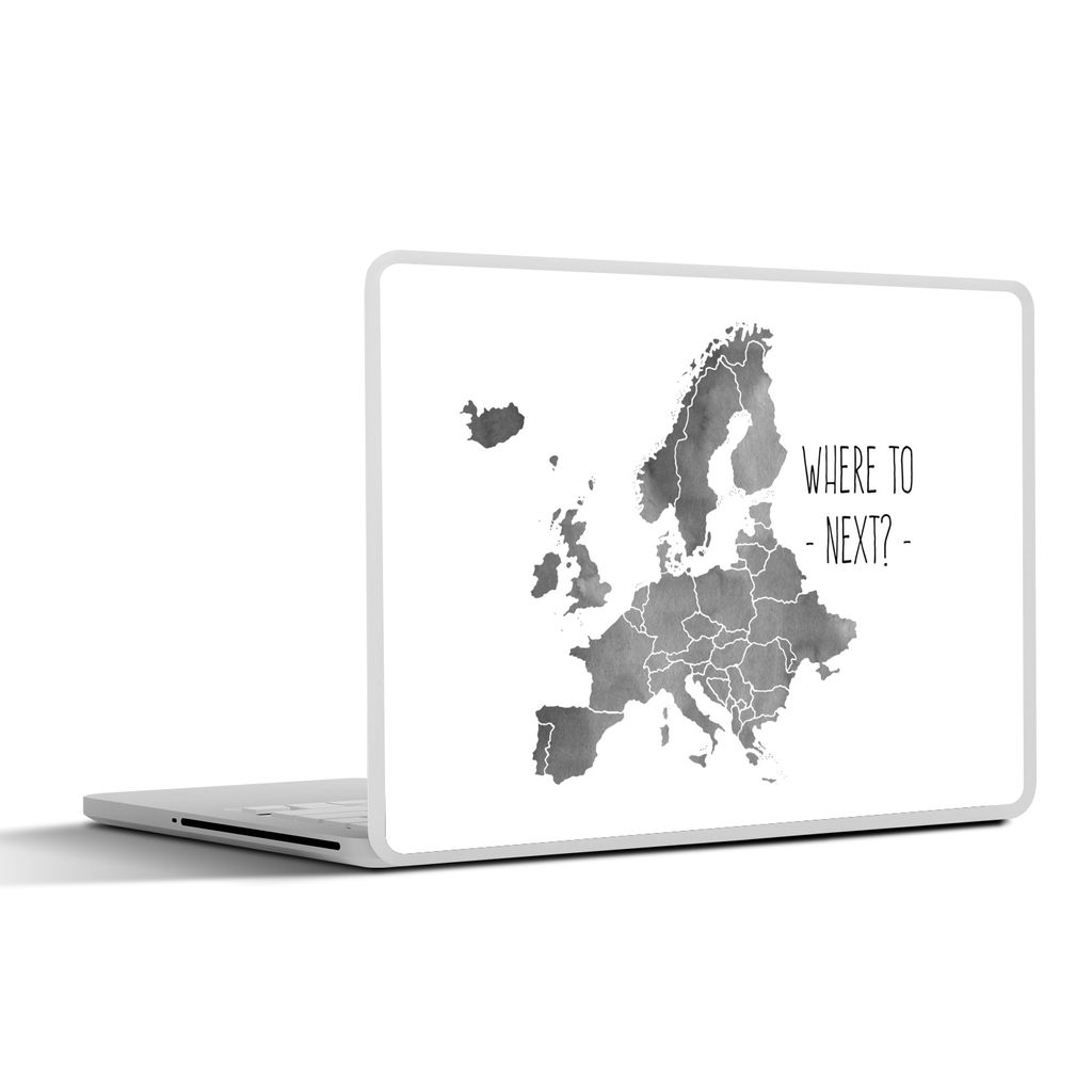 MuchoWow Laptop Aufkleber Sticker Cover Eurocard in grauer Aquarellfarbe mit dem Zitat "Wohin als nächstes?" - schwarz und weiß 31x22.5 cm - La...
