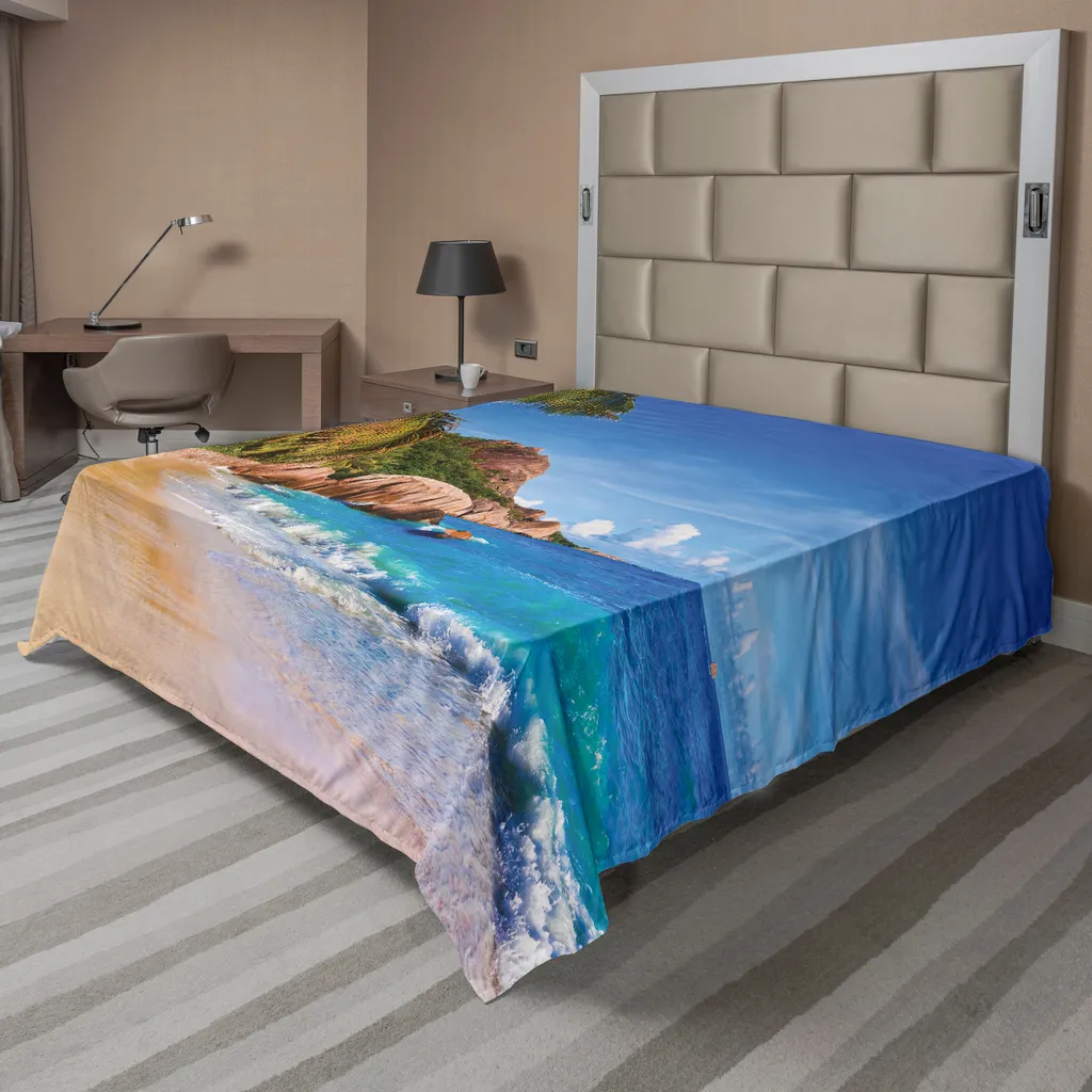 ABAKUHAUS Drap Plat Palms 244x205cm, Motif Maldives Tropiques, Bleu Marron