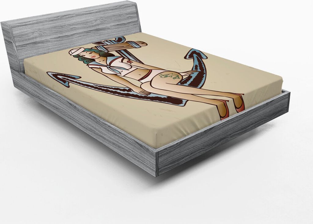 ABAKUHAUS Anker Spannbetttuch, Pin up Mädchen mit Seemann Outfit Hai und Herz Tattoo Vintage 20'er Klassiker Muster, 140 x 200 cm, Mehrfarbig