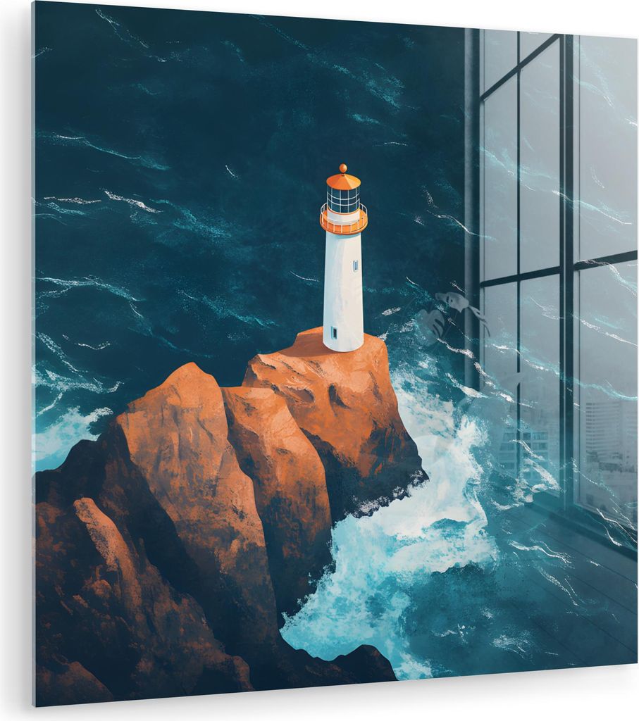 MuchoWow Glasbilder - Bilder auf Wandbild - Foto auf Glas Leuchtturm - Felsen - Meer - Wellen 50x50 cm Wanddekoration aus Glas - Acrylglasbild - Ac...