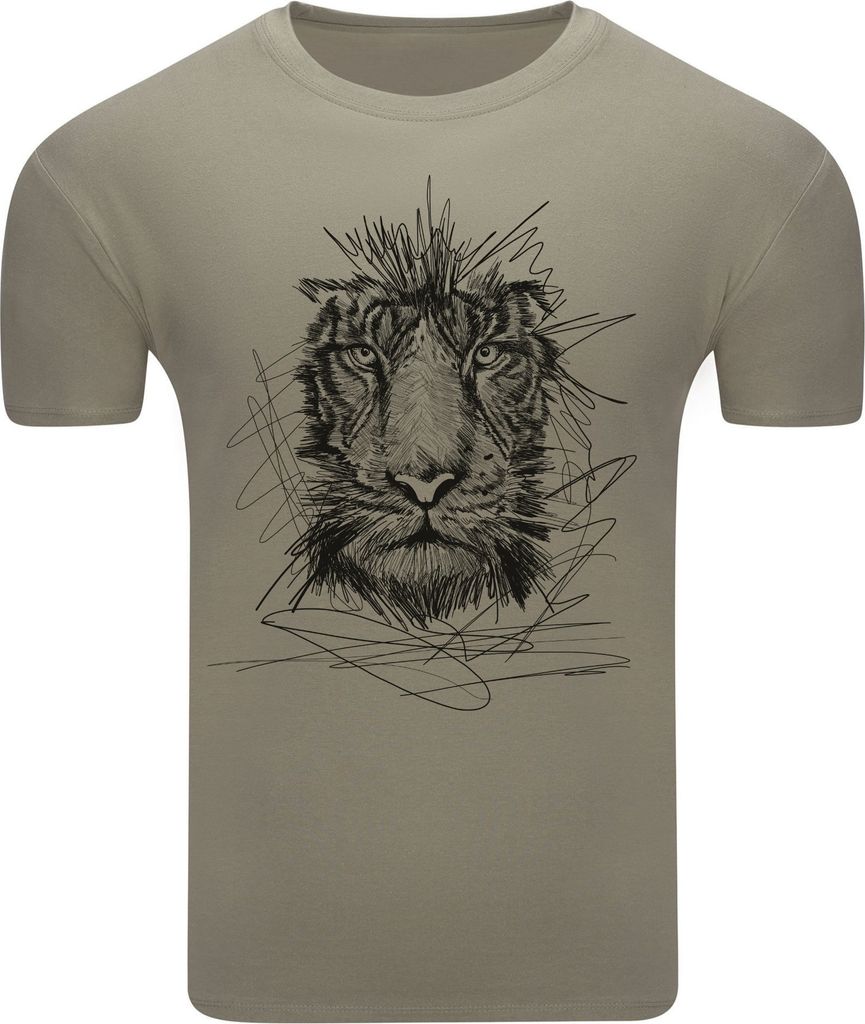 Diarbo Herren T-Shirt mit Aufdruck Wildtierporträts Skizze eines Tigerkopfes Khaki Gr.XXL