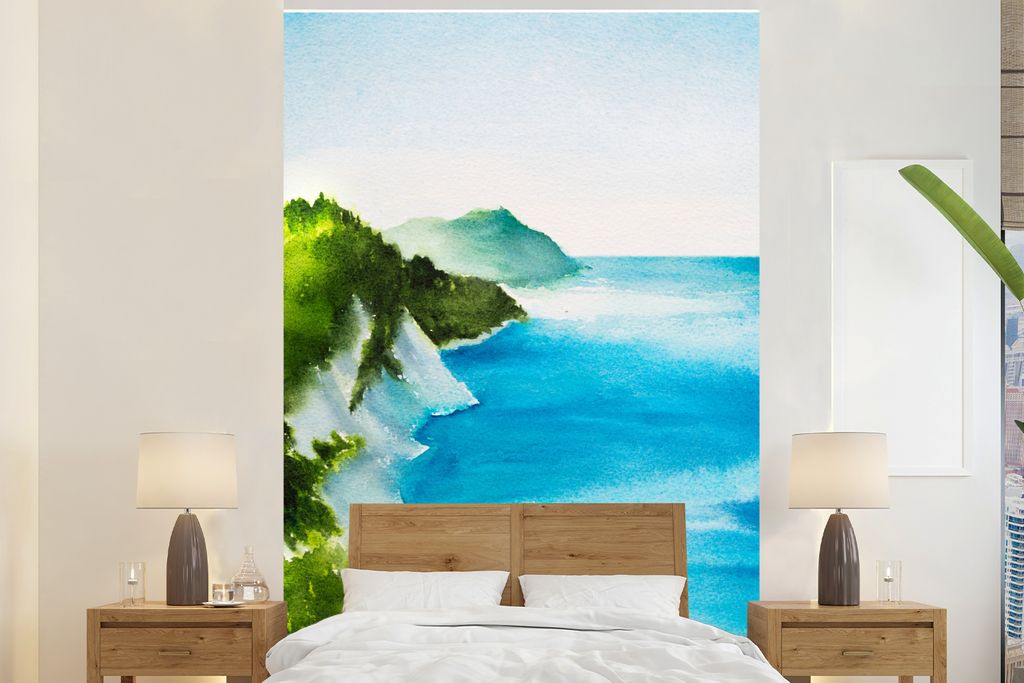 MuchoWow Fototapete für Wohnzimmer oder Schlafzimmer Wandtapete Vinyl Motivtapete Meer - Strand - Berge - 155x240 cm - Tapete