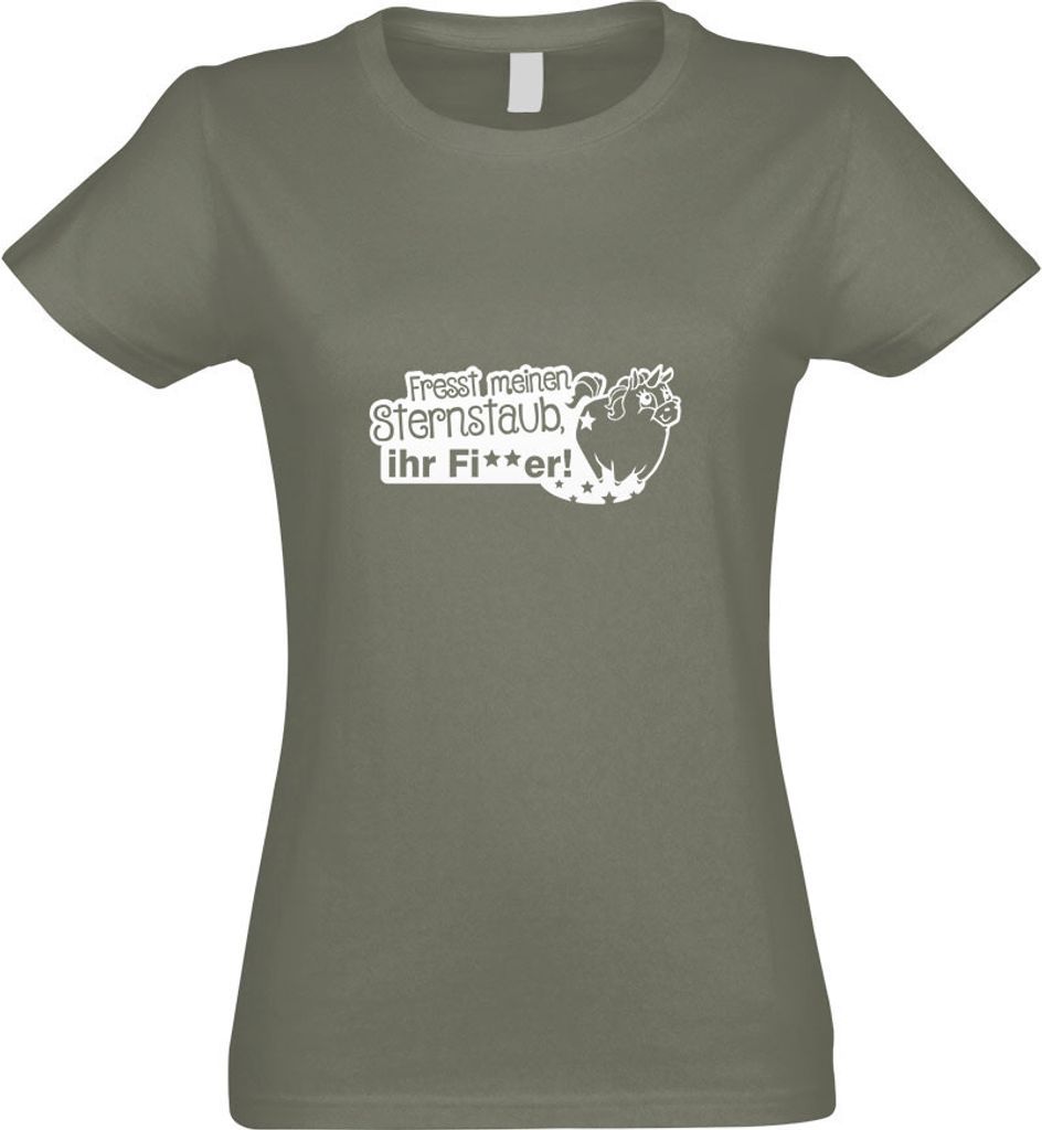 Kiwistar - T-Shirt tailliert - Damen - Olive - Einhorn - fresst Sternenstaub - mit Motiv Bedruckt - Funshirt Design - Sport - Freizeit - Damen - S