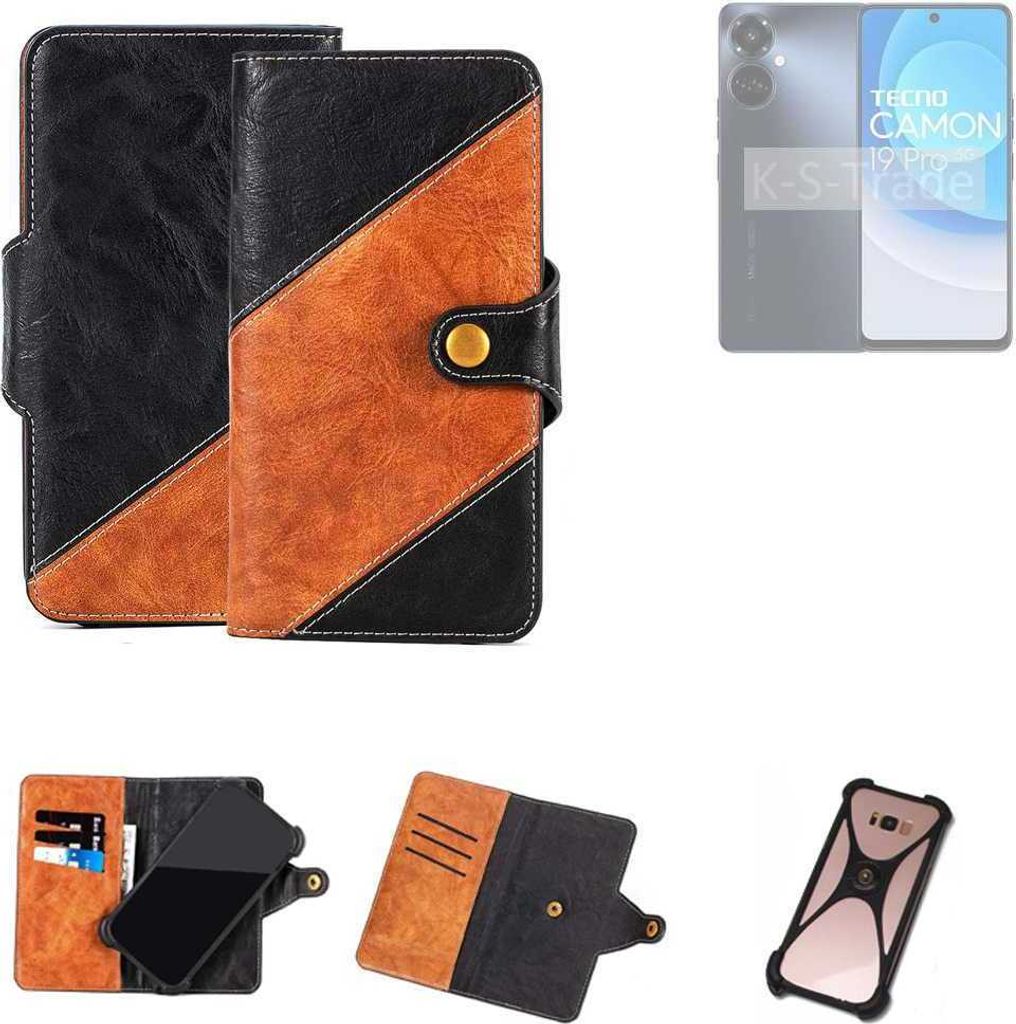 K-S-Trade Handyhülle Schutzhülle Bookstyle Case Wallet-Case kompatibel mit Tecno Camon 19 Pro 5G Handy Cover Bumper Klapphülle schwarz hellbraun 1x