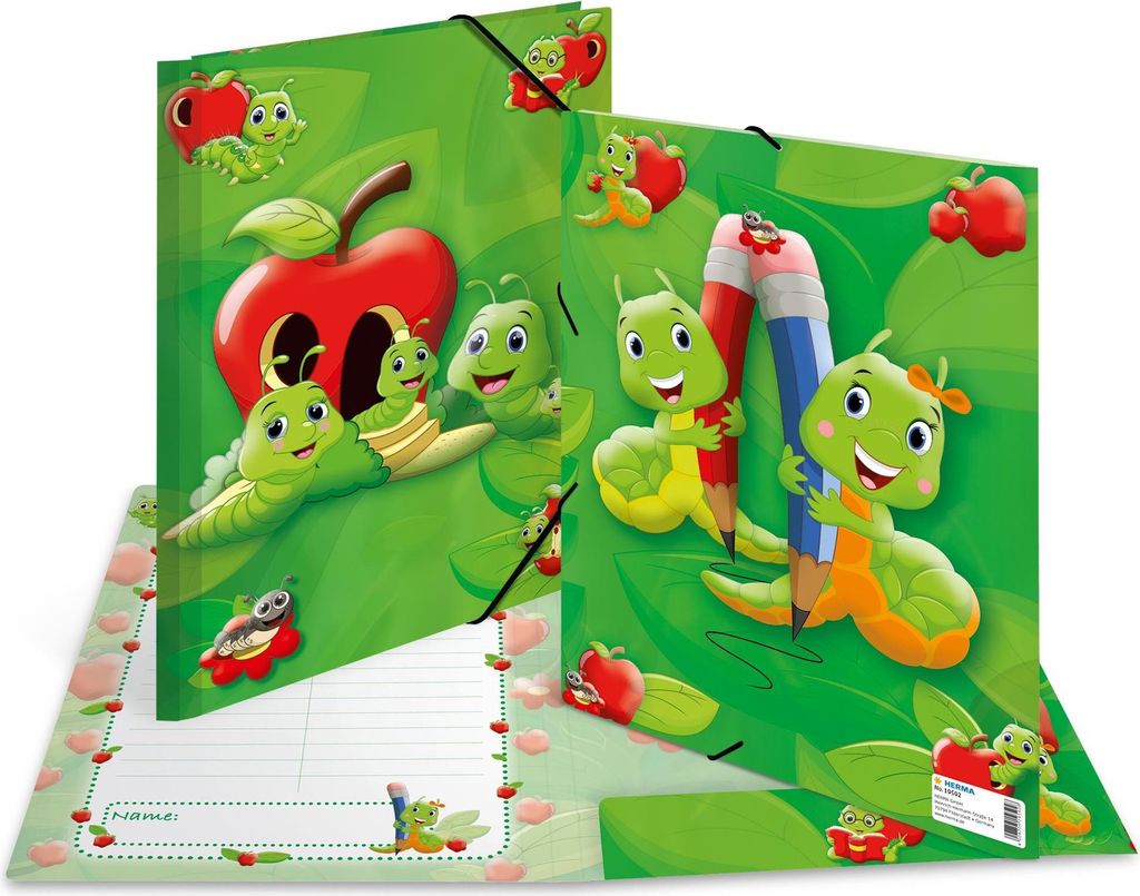 HERMA Sammelmappe A4 Apfel-Grün, Eckspanner-Mappe aus Pappe mit Kindergarten Motiv, Gummizug, Innenklappen und Innendruck für Jungen, Mädchen un...