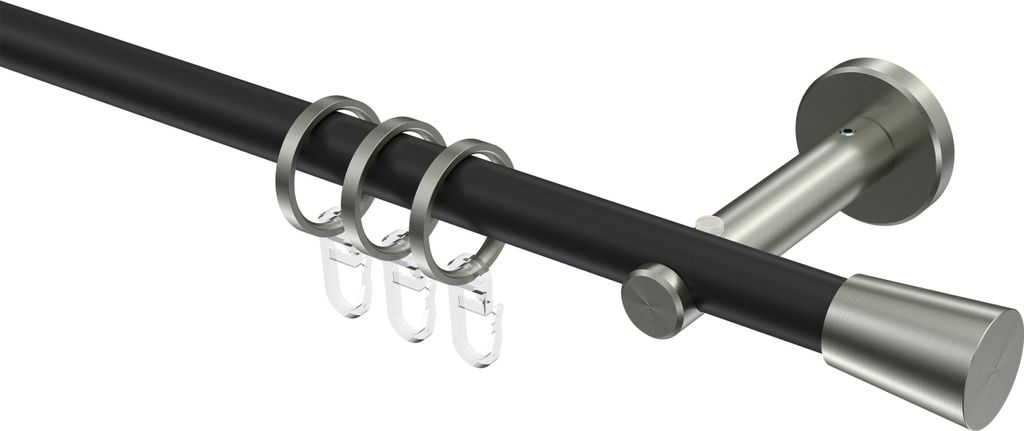 Interdeco Gardinenstange / Vorhangstange Schwarz / Edelstahl-Optik, Typ Medium Carelli (Konus), 16 mm Ø 1-läufig, 260 cm