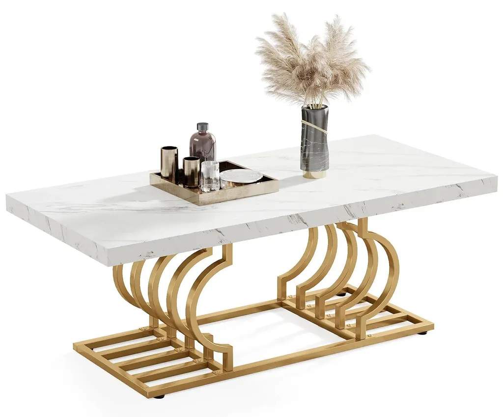 Table basse blanche aspect marbre 120 cm avec piètement géométrique - 9