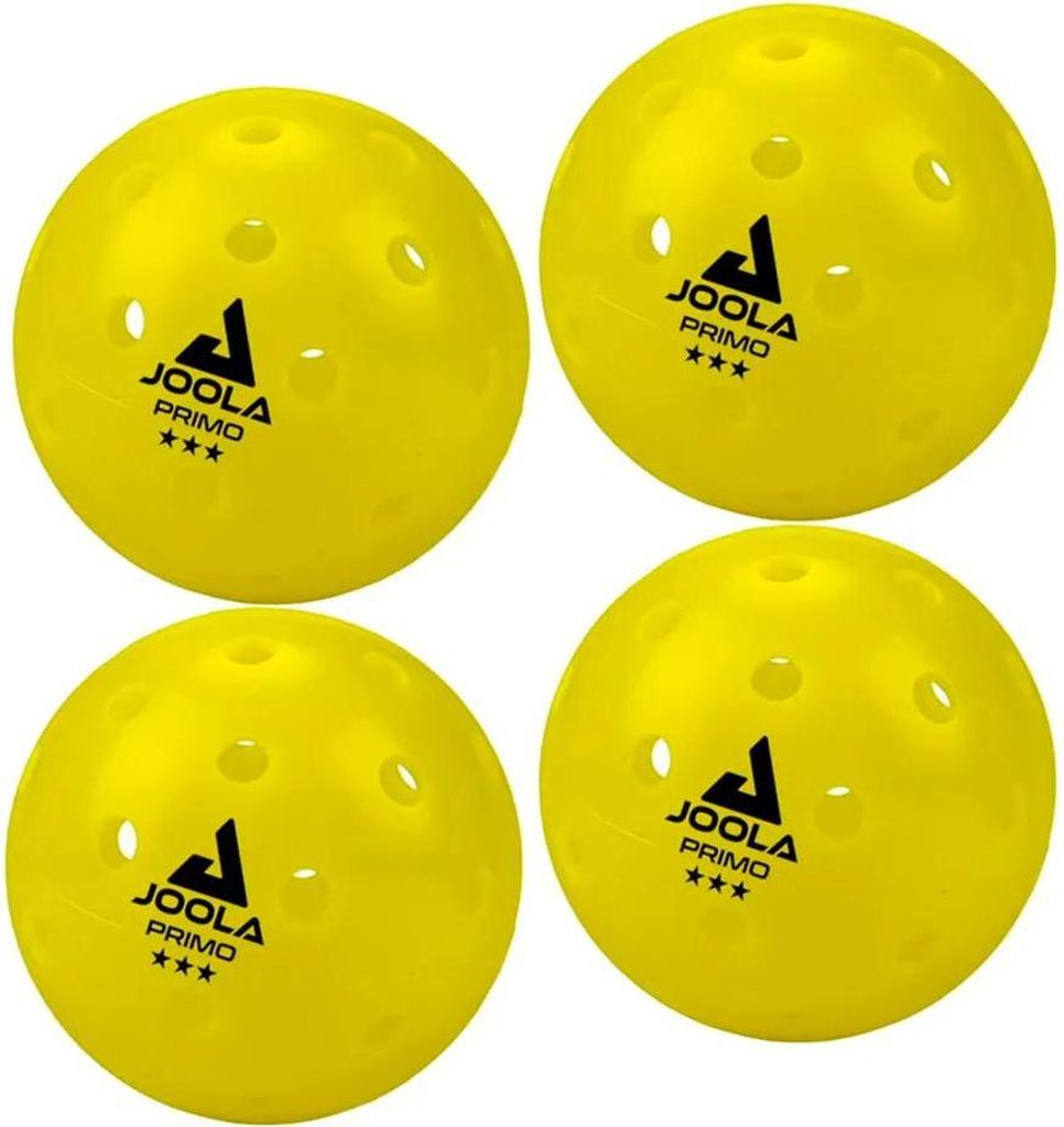 Four yellow pickleball balls are arranged in a square formation on a white background.