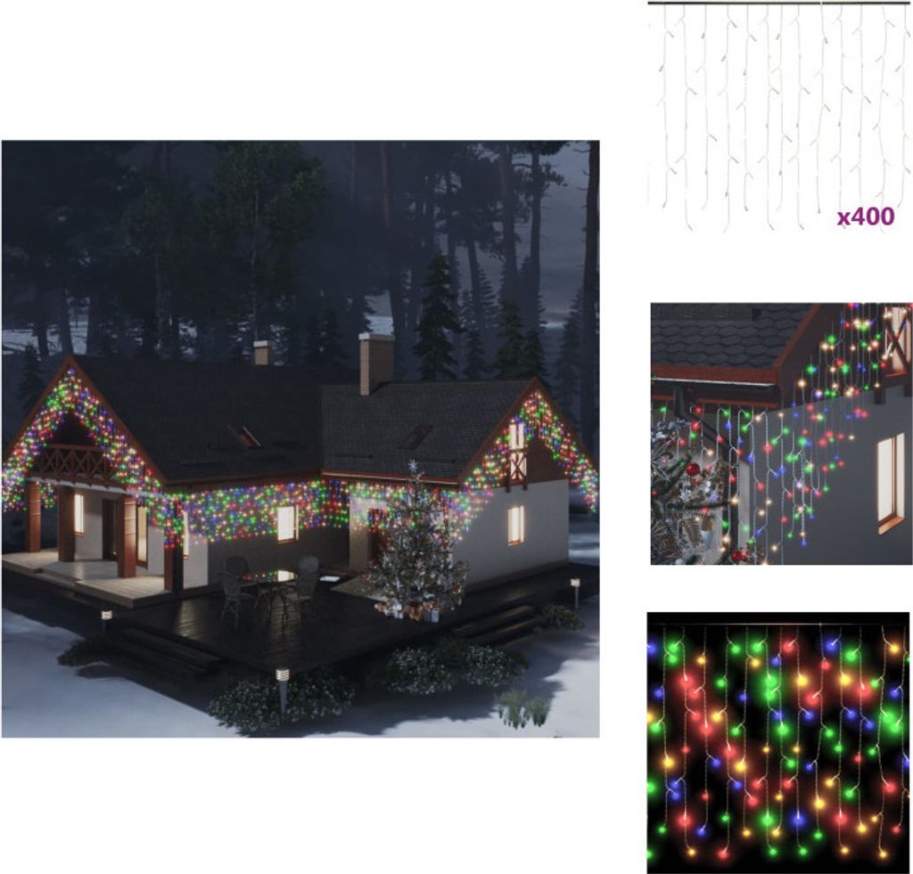 vidaXL Lichtervorhang LED Eiszapfen 10 m 400 LED Bunt 8 Funktionen - Weihnachtsbeleuchtung