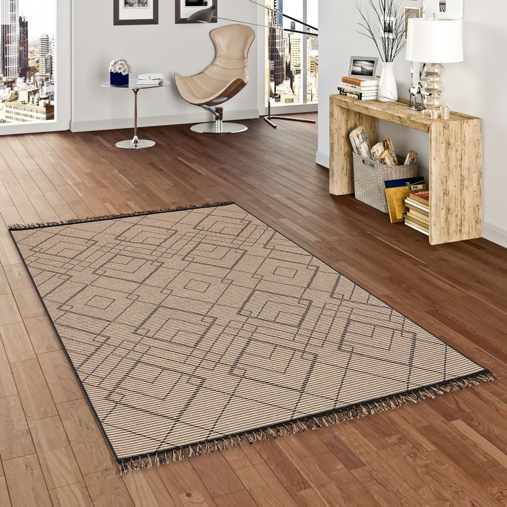 Jute Natur Ethno Style Teppich Origin Beige Schwarz Rauten, Größe:120x170 cm