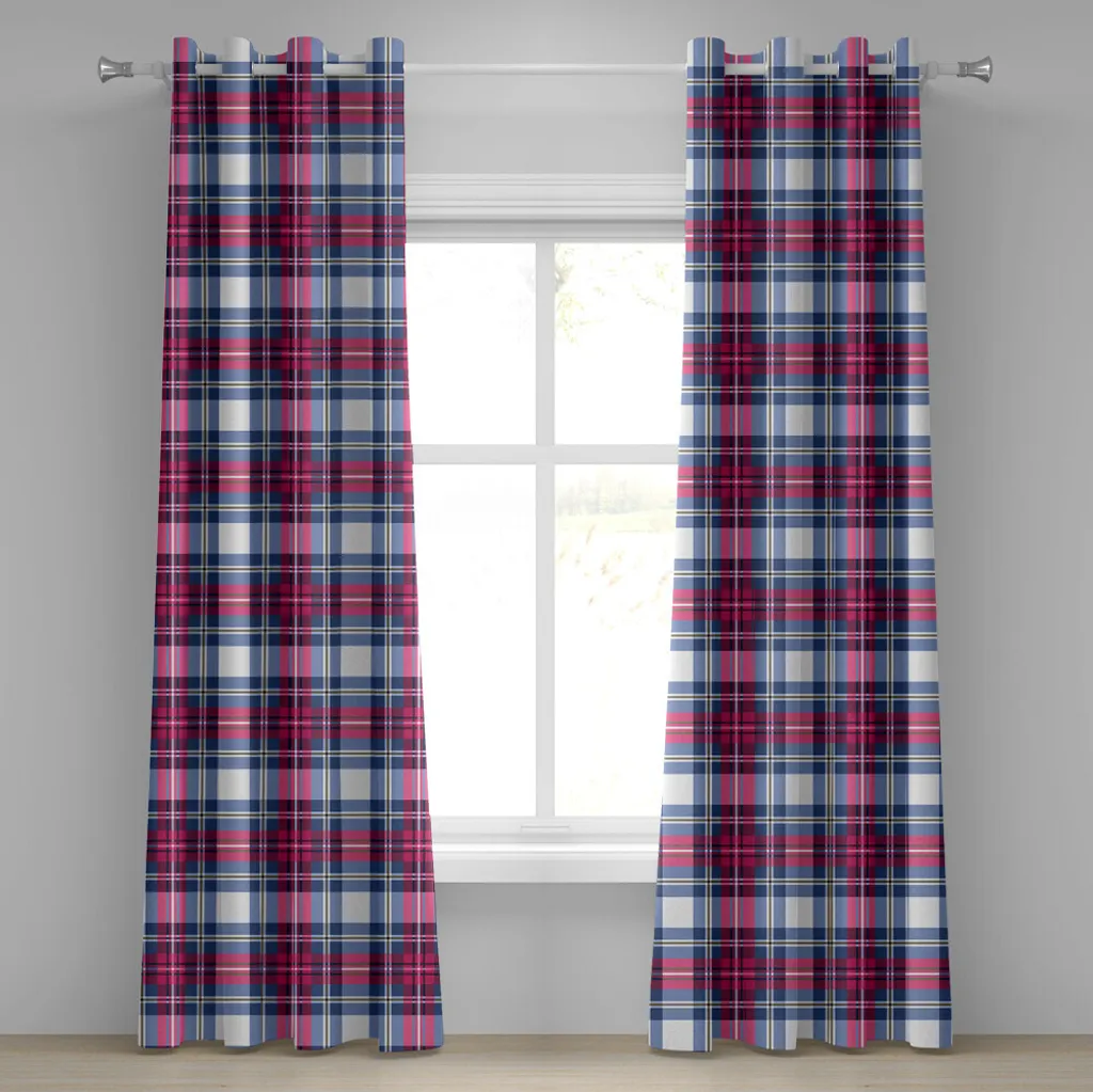 Rideau à œillets pour cacher le vis-à-vis, décor tartan bleu et rose