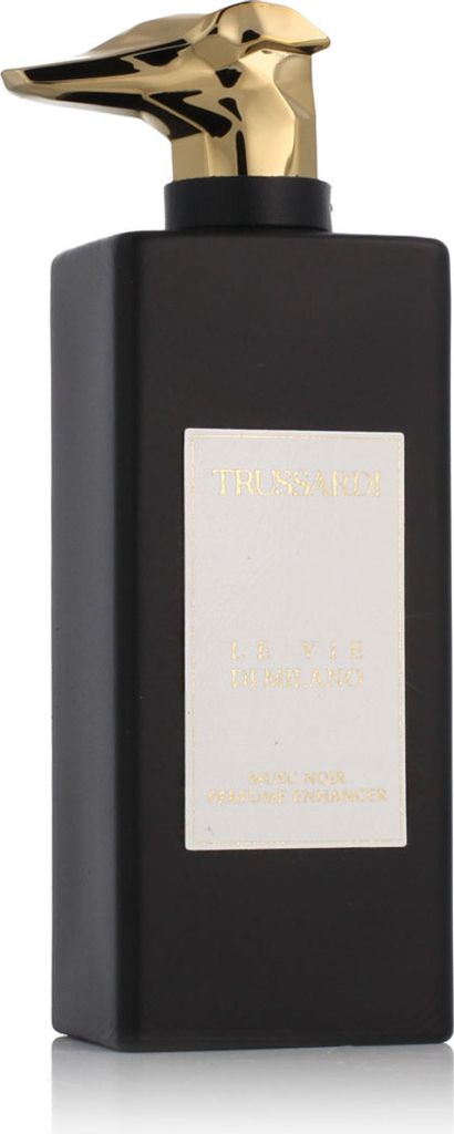 A black bottle of perfume with a gold dispenser.