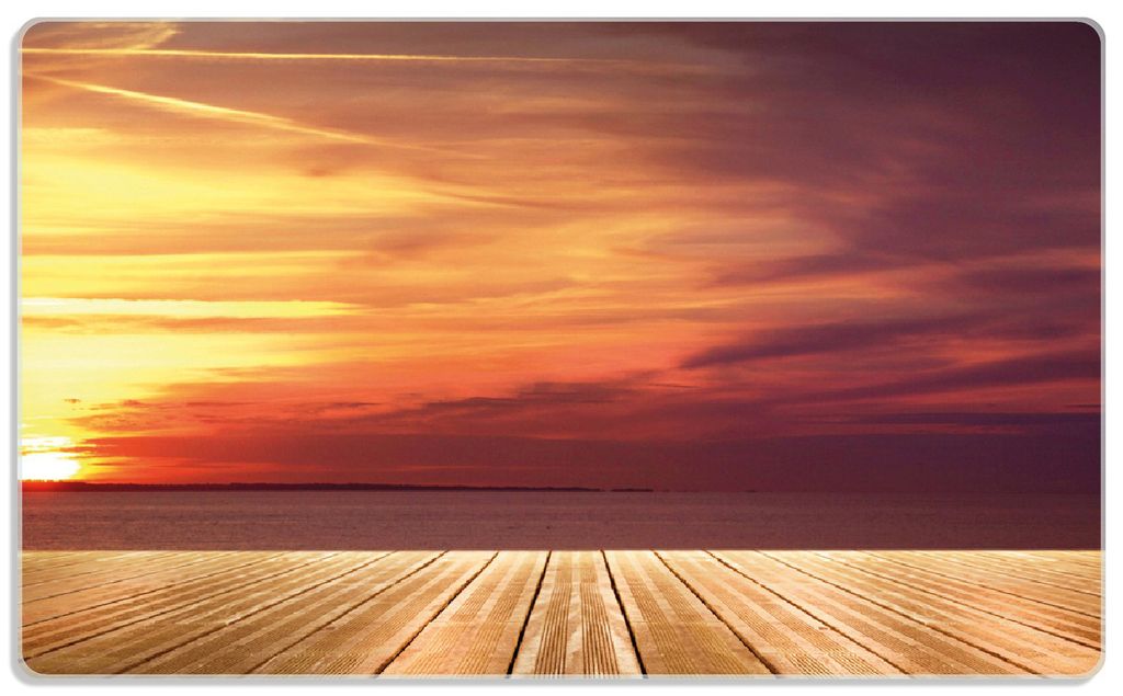 Wallario Frühstücksbrettchen aus Glas, je 14 x 23 cm, mit rutschfesten Füßen, Motiv Steg am See - Sonnenuntergang und roter Himmel
