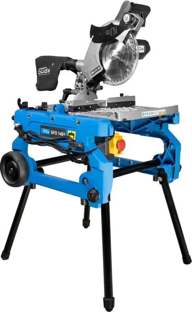 A miter saw on a stand, isolated on a white background.