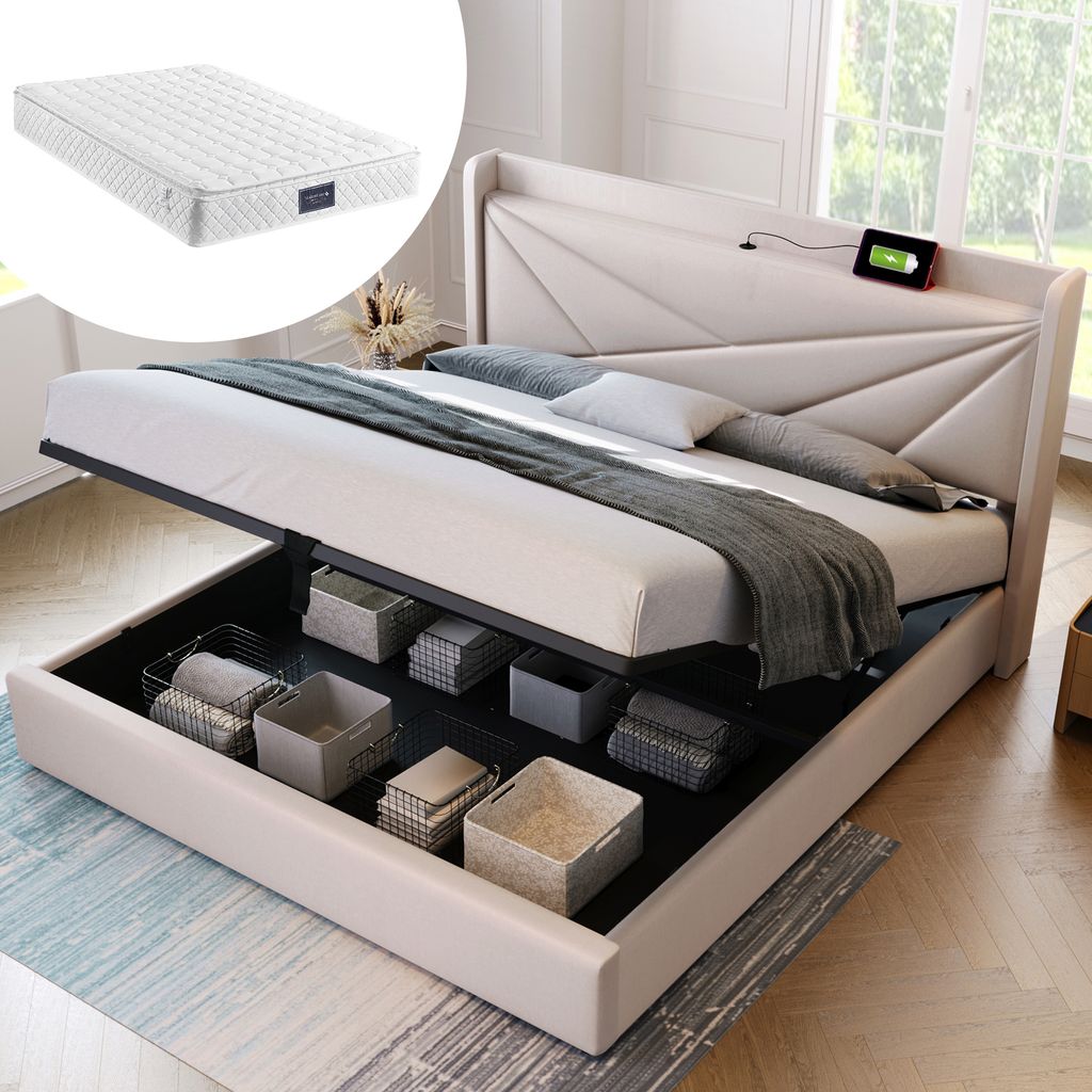 okwish Doppelbett Polsterbett 90x200cm, mit Bettkastenaufbewahrung, USB Typ-C Ladefunktion Kopfteil, mit Lattenrost, Heimbett, Jugendbett, Beige (m...