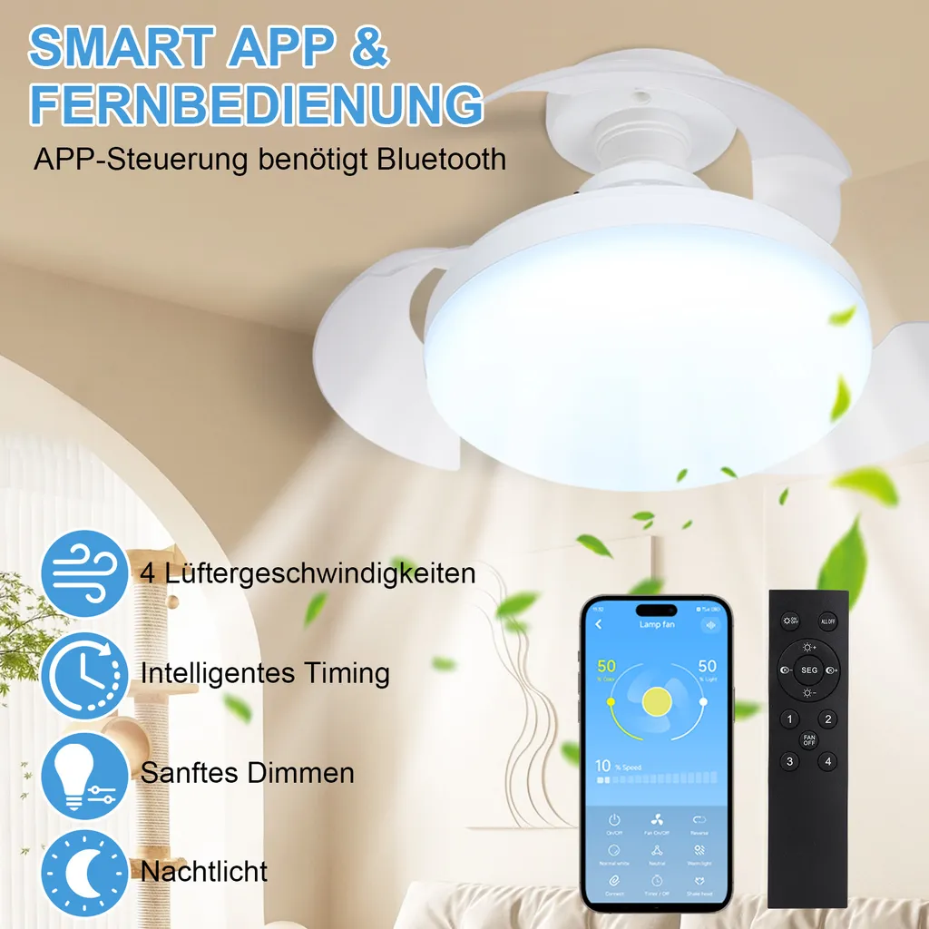 Ventilateur de Plafond E27 avec Éclairage LED et Télécommande - 20cm