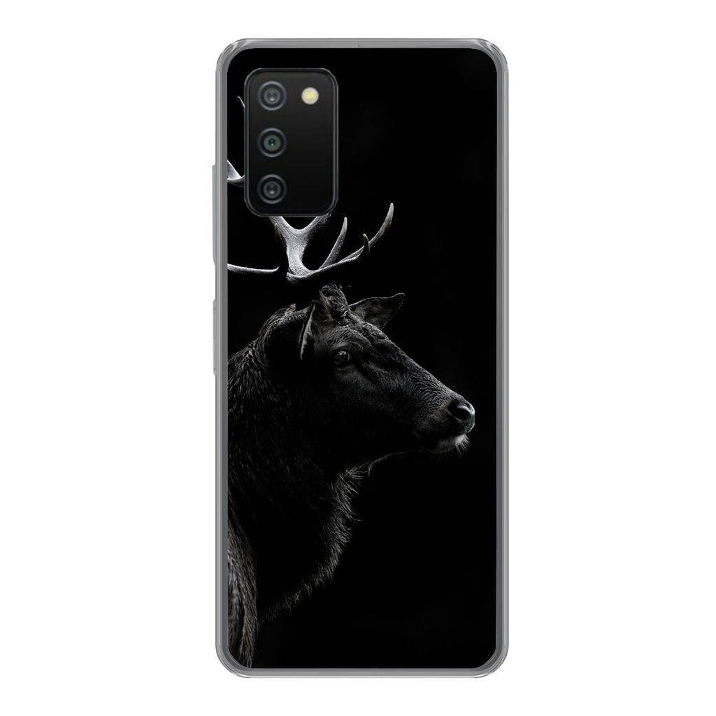 MuchoWow Handyhülle Schutzhülle Hülle für Samsung Galaxy A03s Hirsch - Schwarz - Porträt - Geweih - Tiere Silikon Softcase Handy Hülle - Sc...