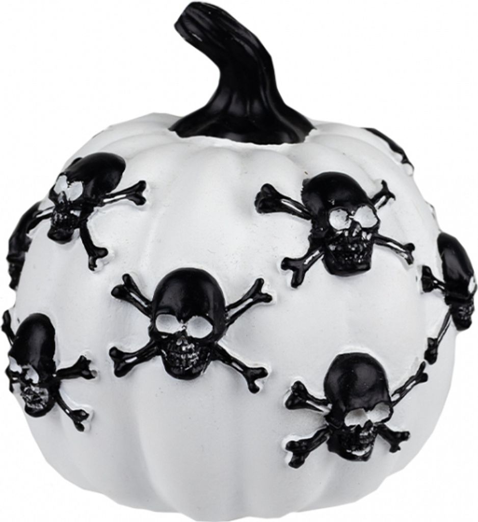 Weißer Kürbis mit schwarzen Totenköpfen für Halloween 13cm