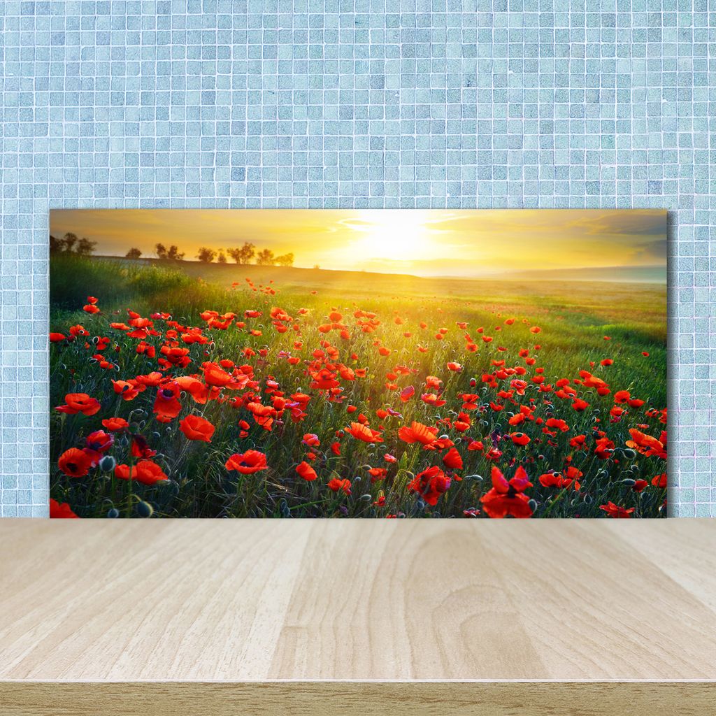 Tulup Küchenrückwand Spritzschutz aus Glas -100x50 -Spritzschutz auf gehärtetes GlasDeko Landschaften Mohnfeld