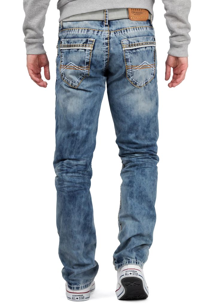 Cipo & Baxx Jeans Uomo CD394-bans – Slim Fit Blu Stone-Washed Con Cerniere Laterali E Cuciture Beige – Taglia W33/L34