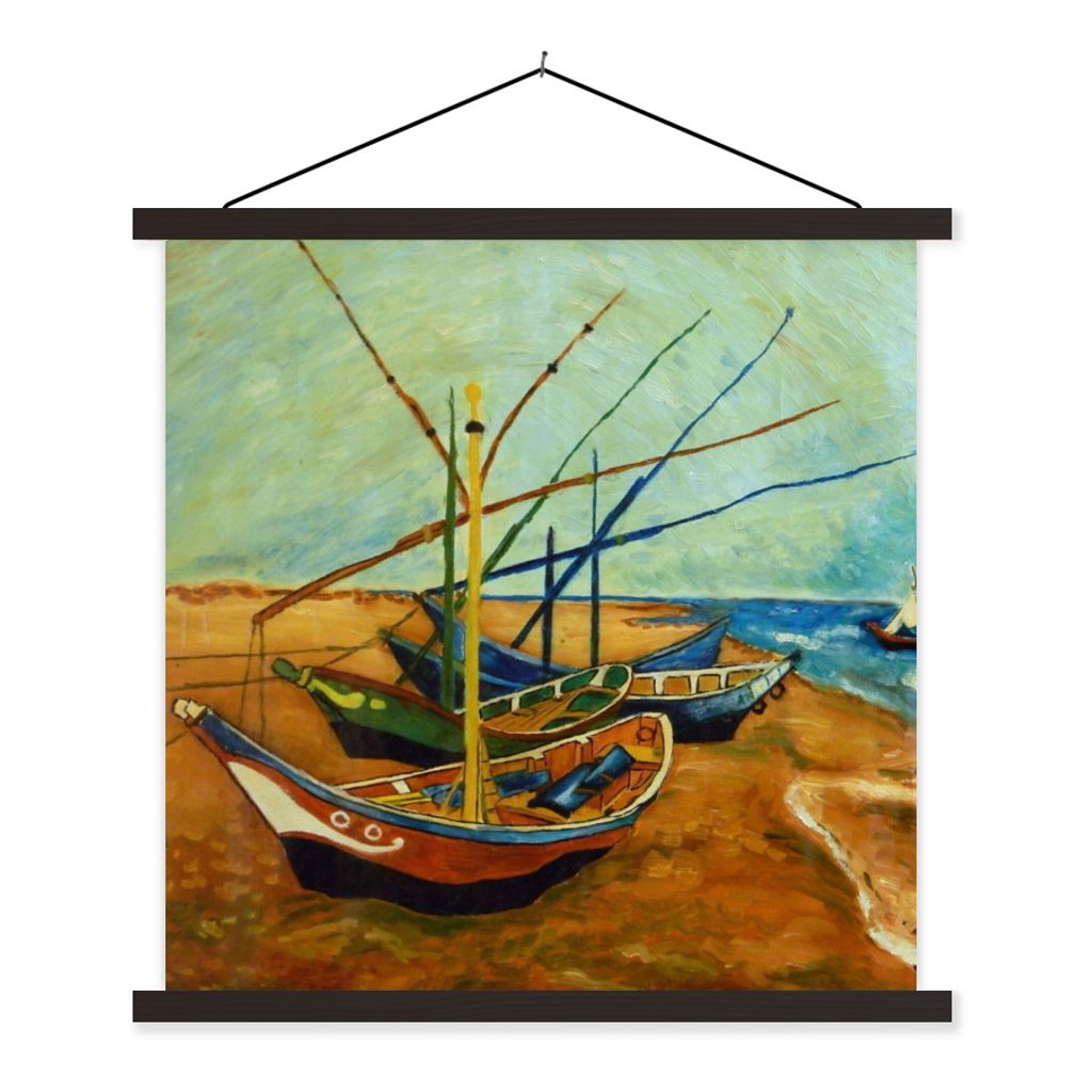 MuchoWow Textilposter Fischerboote am Strand - Vincent van Gogh 120x120 cm mit schwarzem Rahmen - Aufhängungsset