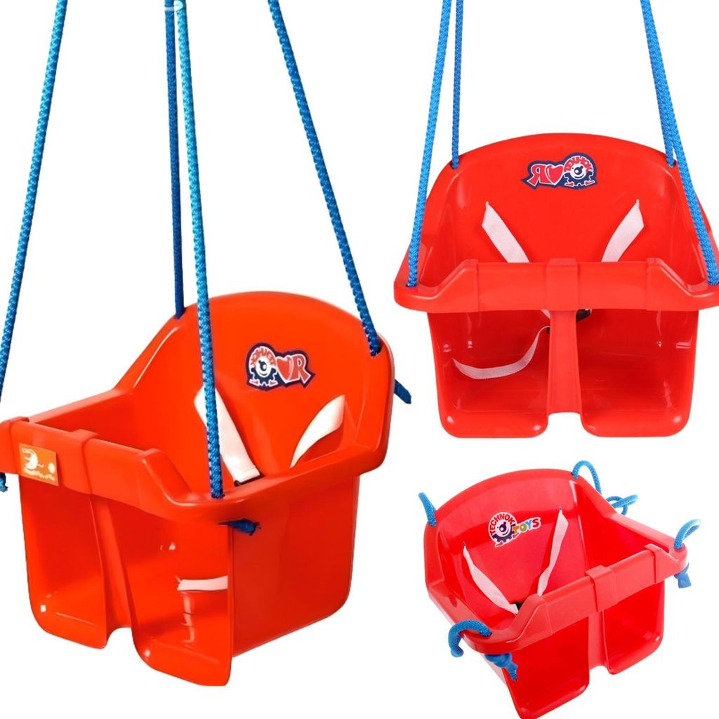 A collage of three different views of a child's hanging swing seat.