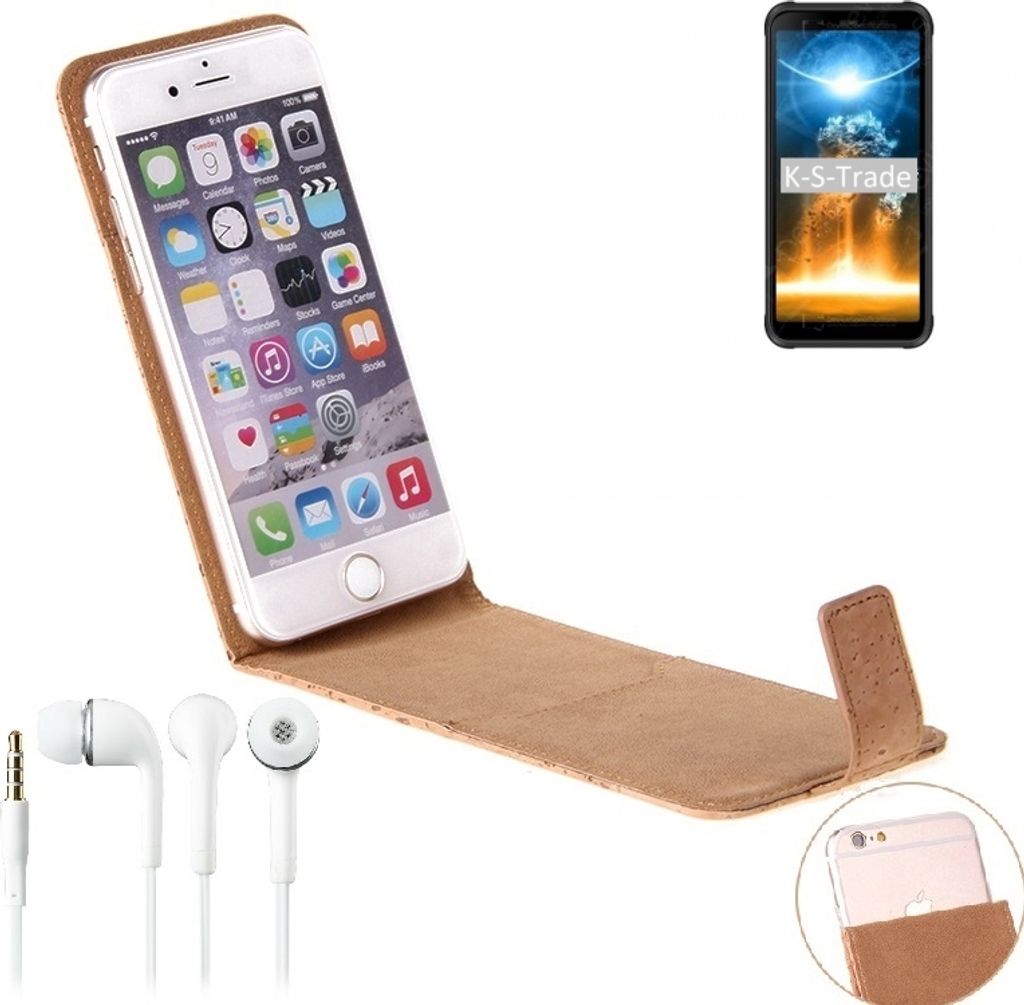 K-S-Trade Schutzhülle mit Kopfhörer kompatibel mit Blackview BV6300 Pro Handyhülle Cover Kork Tasche Flipstyle Case