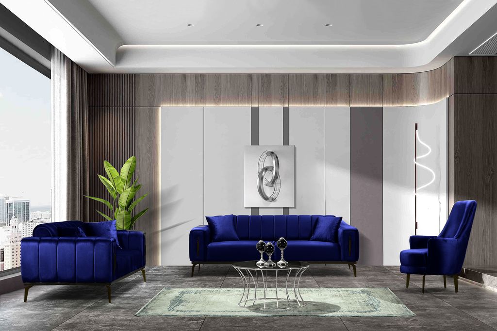 Couchgarnitur Polstergruppe Hero: 3+2+1 / Marineblau / Füße Schwarz Farben / 3-Sitzer mit Bettfunktion